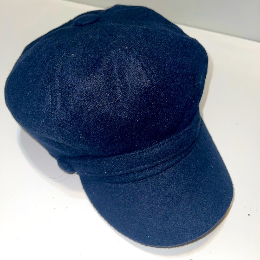 Women’s Navy Newsboy Hat with Front Sash & Button Accents.